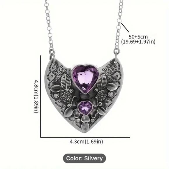Stainless Steel Heart Shaped Amethyst Stone Necklace - Picture 5 of 5
